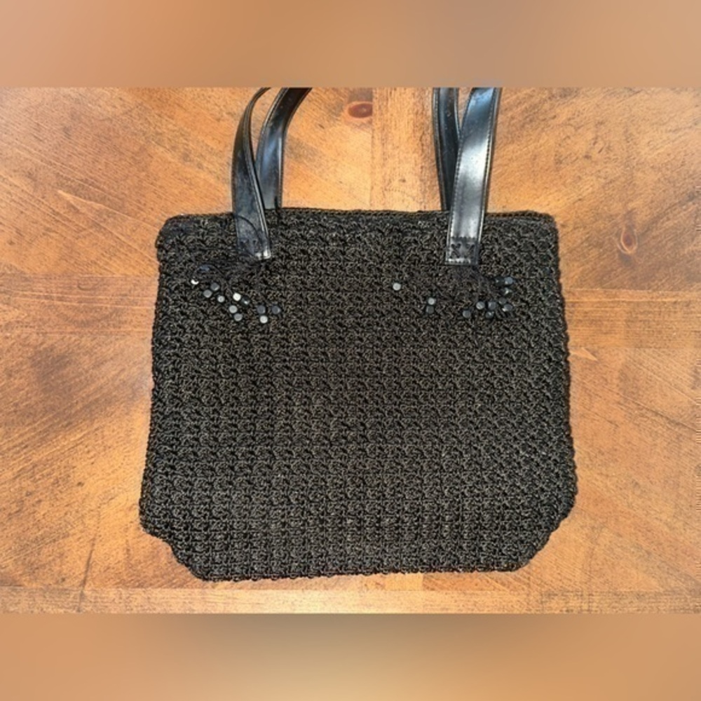 UEC The SAK large Black Woven Shoulder Bag/Tote Double Strap Tassel Bead Detail